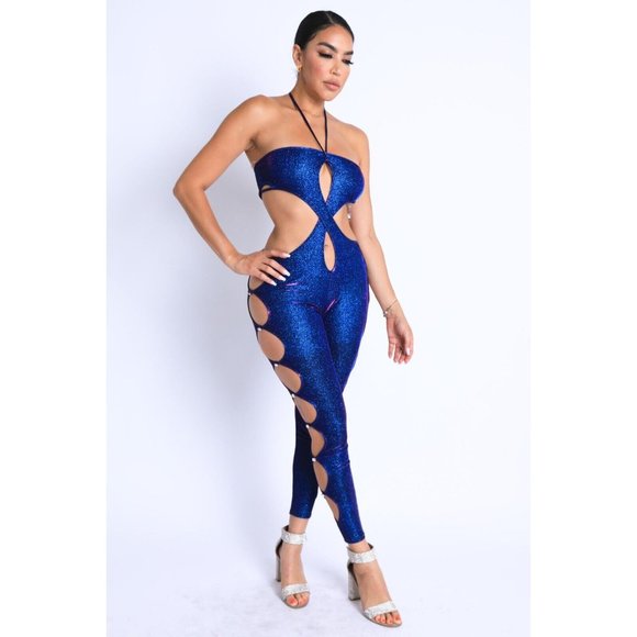 Women's Sleeveless Glittery Cutout Halter Neck Keyhole Sexy Party Jumpsuit - Picture 4 of 10